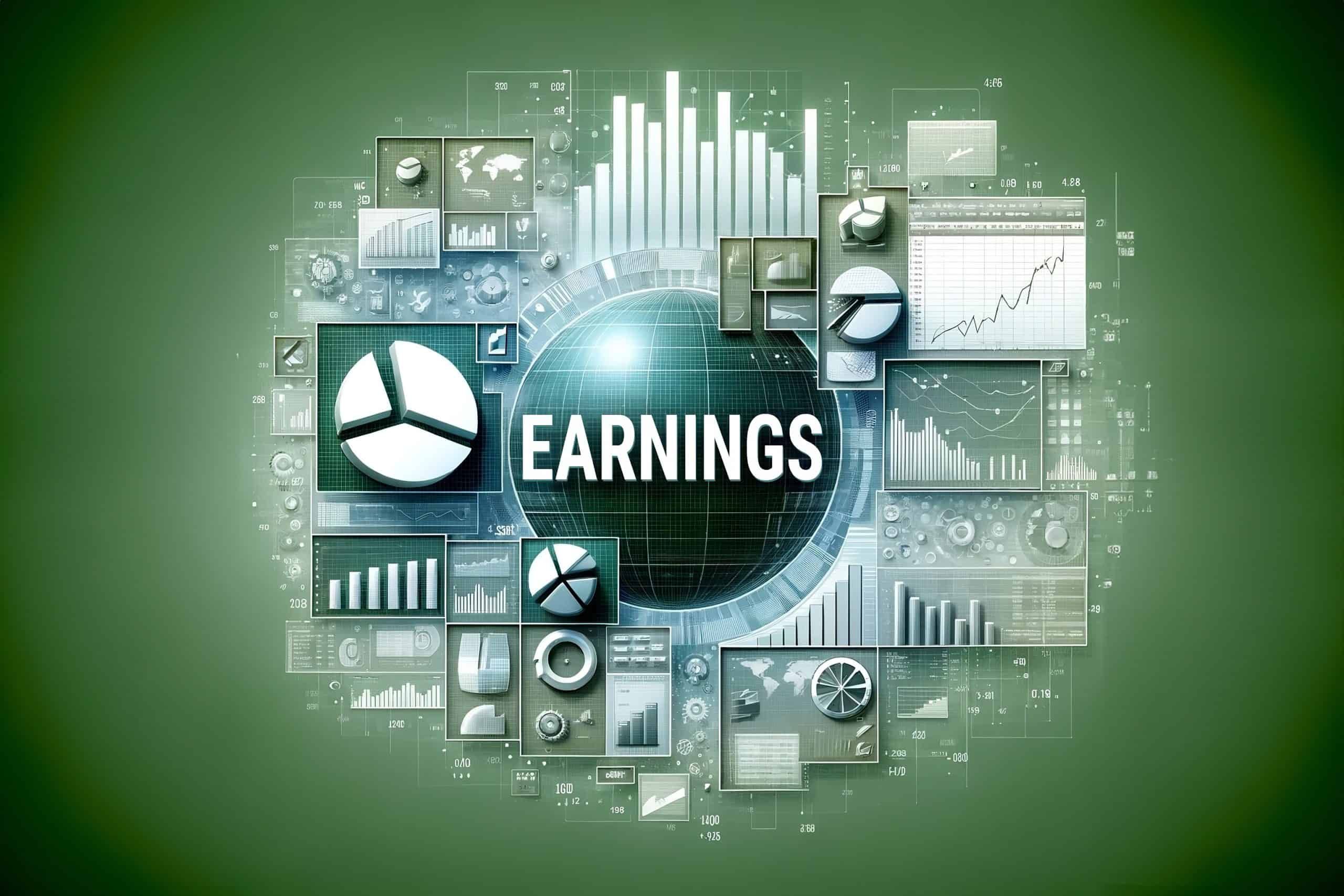 A conceptual image with a Microsoft Excel theme, representing stock earnings, featuring the title 'EARNINGS' prominently in the center. The image includes visual elements like Excel spreadsheets, pie charts, bar graphs, and financial data. The background mimics the classic green and white color scheme of Excel, emphasizing the use of spreadsheets in financial analysis. This image conveys the practical and analytical aspects of handling stock earnings in Excel.